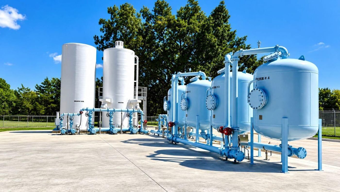 Cylindrical fiberglass aeration and holding tanks beside a row of pressure filters