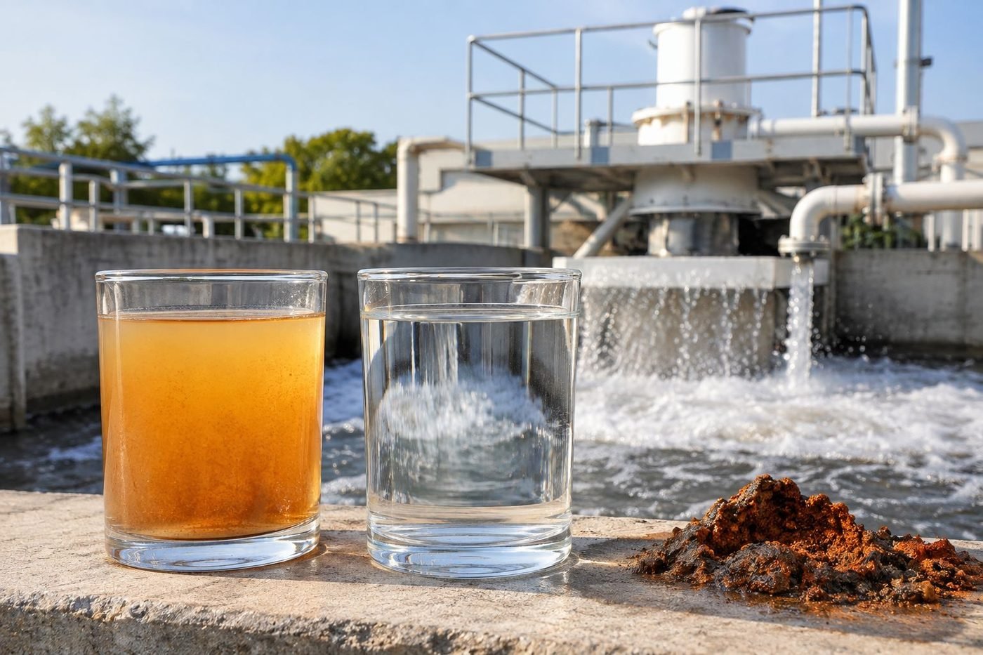Iron-laden water beside clear treated water, with oxidized iron precipitate, at a treatment plant