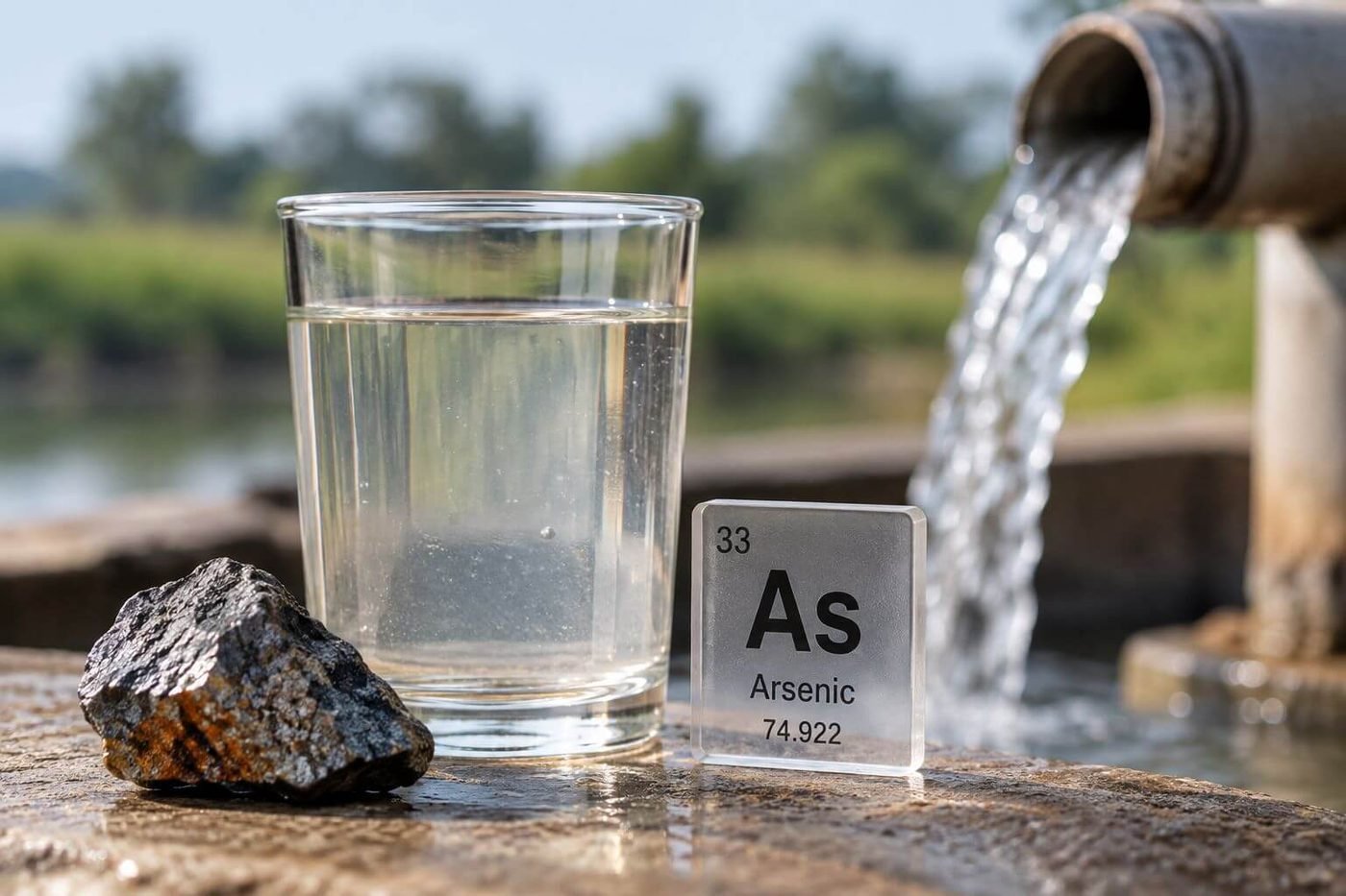 A glass of water beside an arsenic ore sample and an As element tile at a well discharge