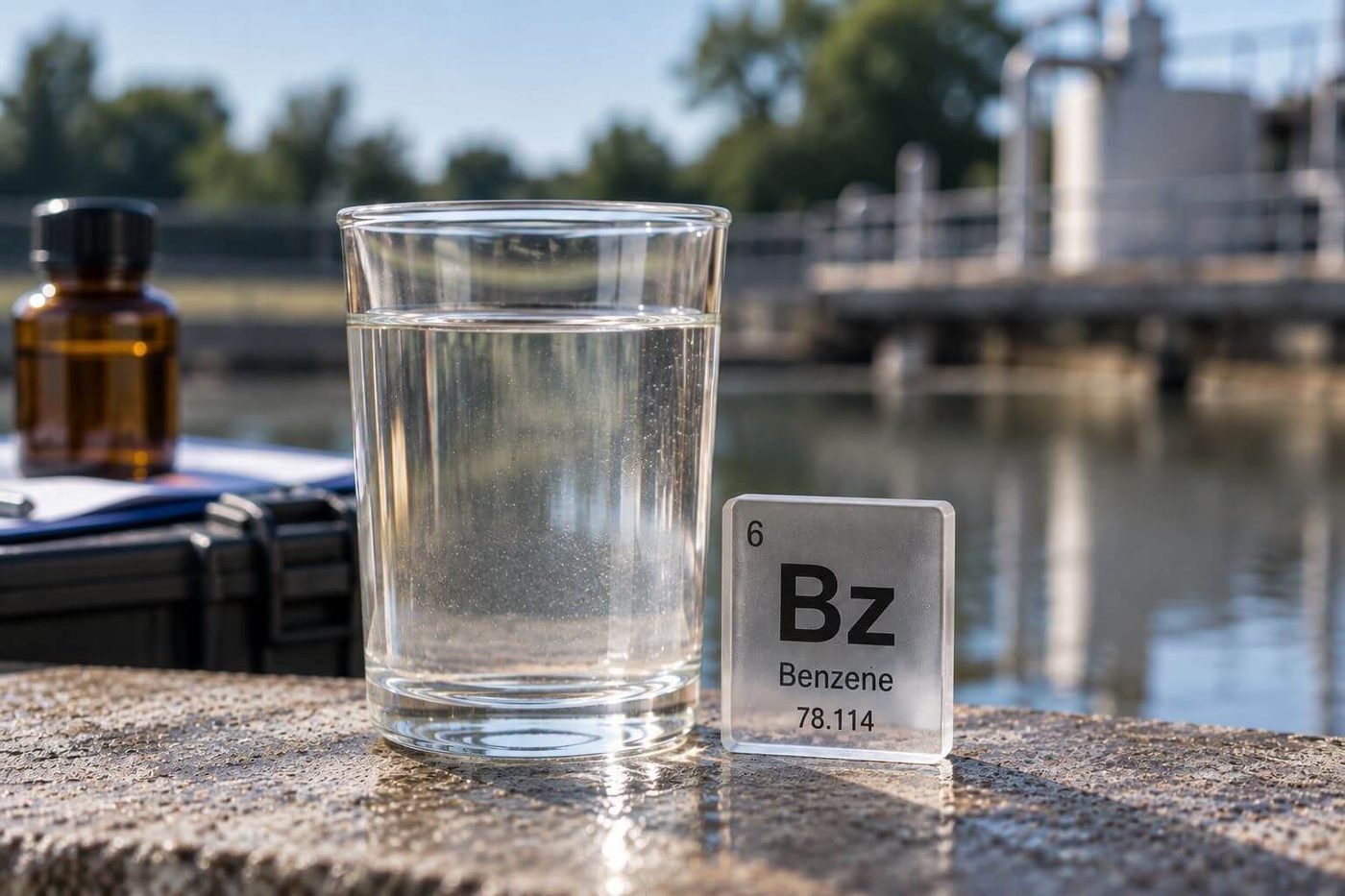 A glass of water beside a benzene element tile at a water treatment plant