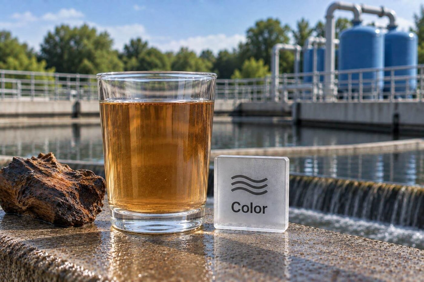 A glass of tea-colored water beside a color tile and a piece of waterlogged wood