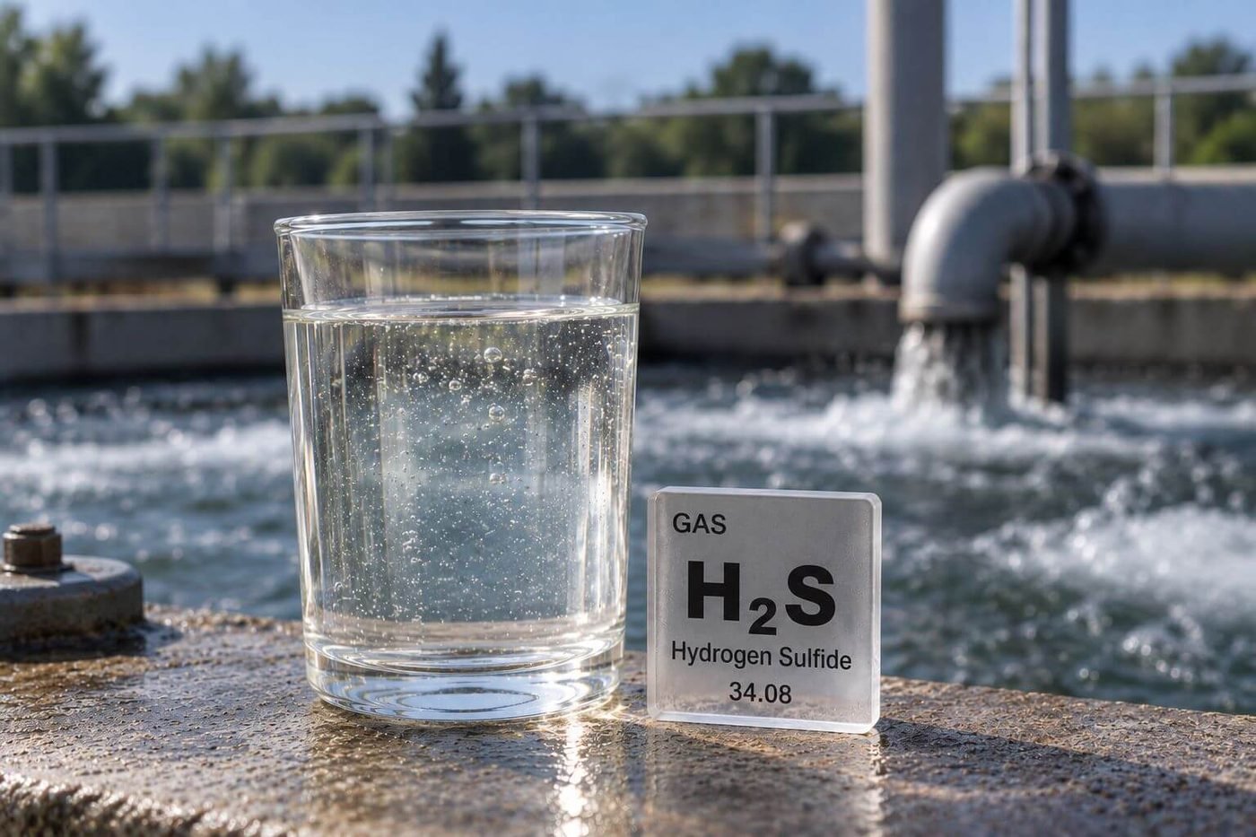 A glass of bubbling water beside a hydrogen sulfide element tile at a treatment plant