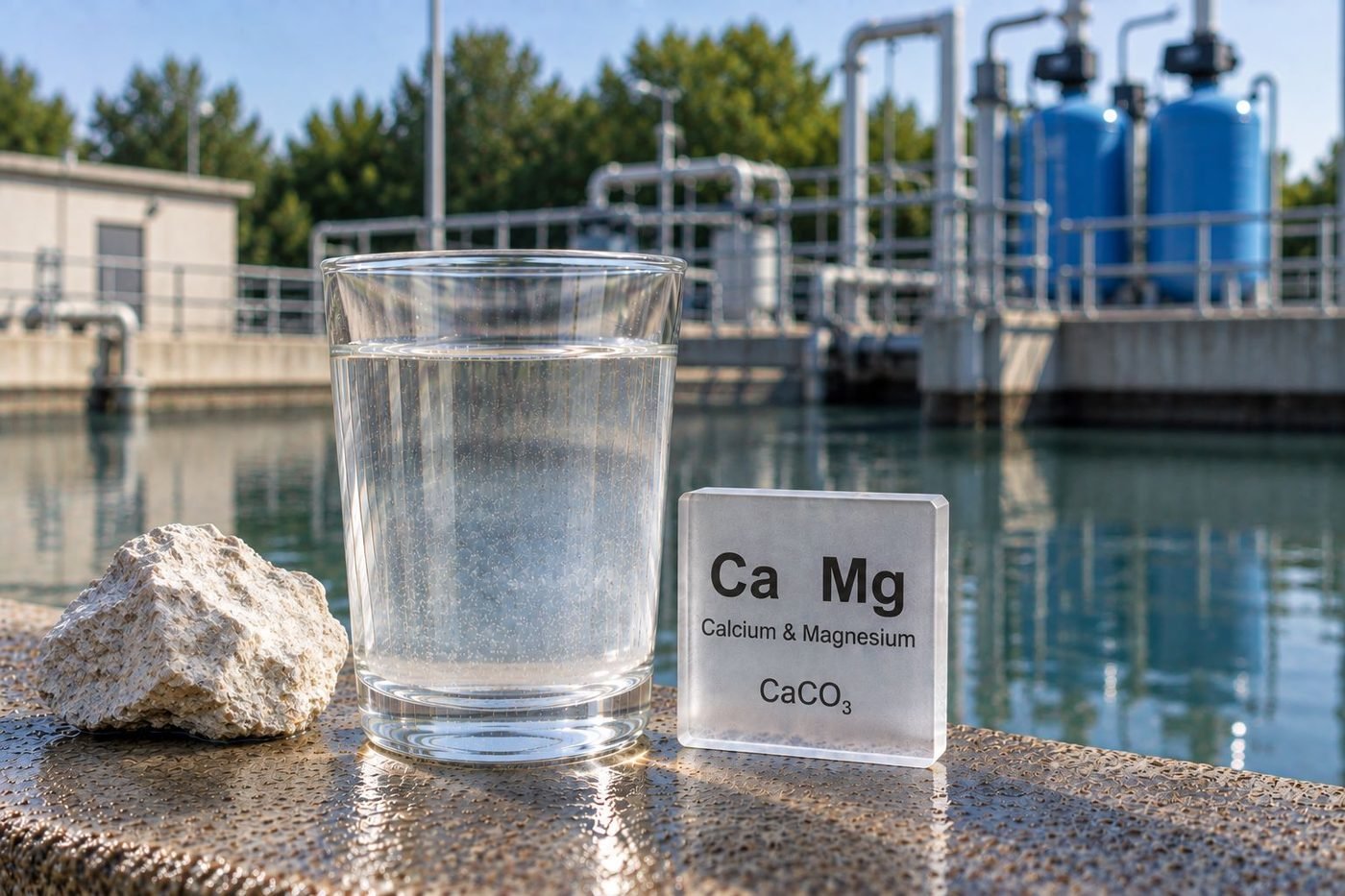 A glass of water beside a calcium and magnesium tile and a piece of limestone at a treatment plant