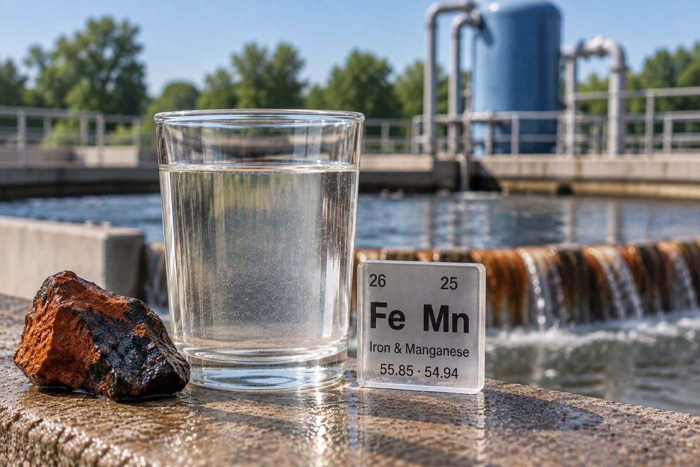 A glass of water beside an iron and manganese element tile and iron ore at a treatment plant