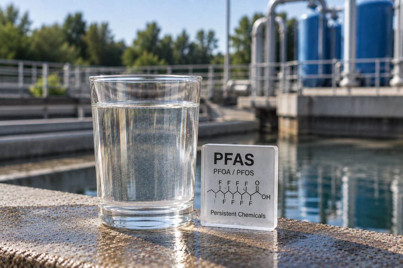 A glass of water beside a PFAS tile showing PFOA and PFOS at a water treatment plant