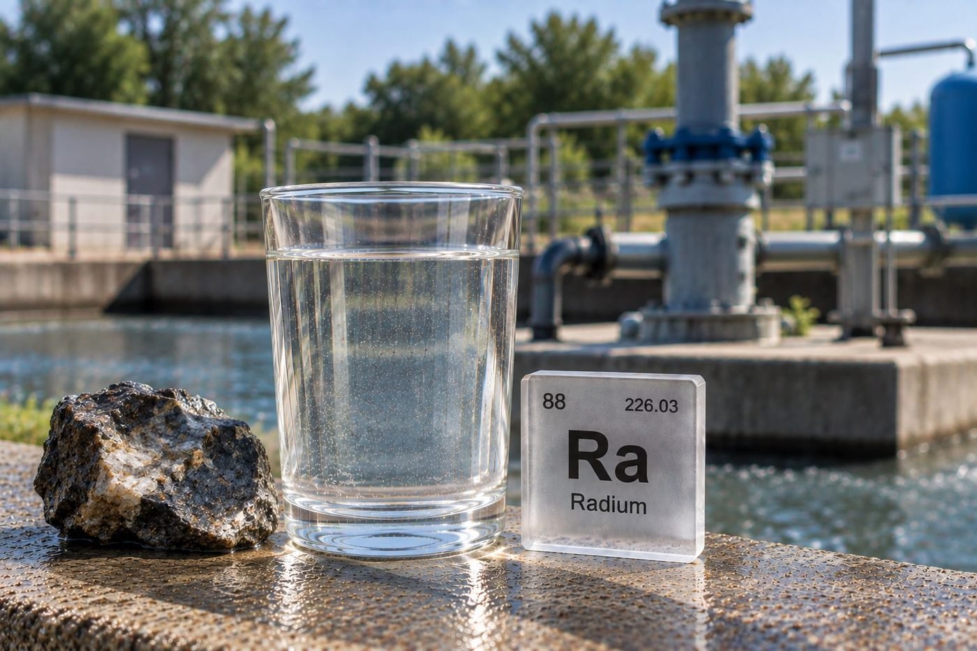 A glass of water beside a radium element tile and ore sample at a treatment plant