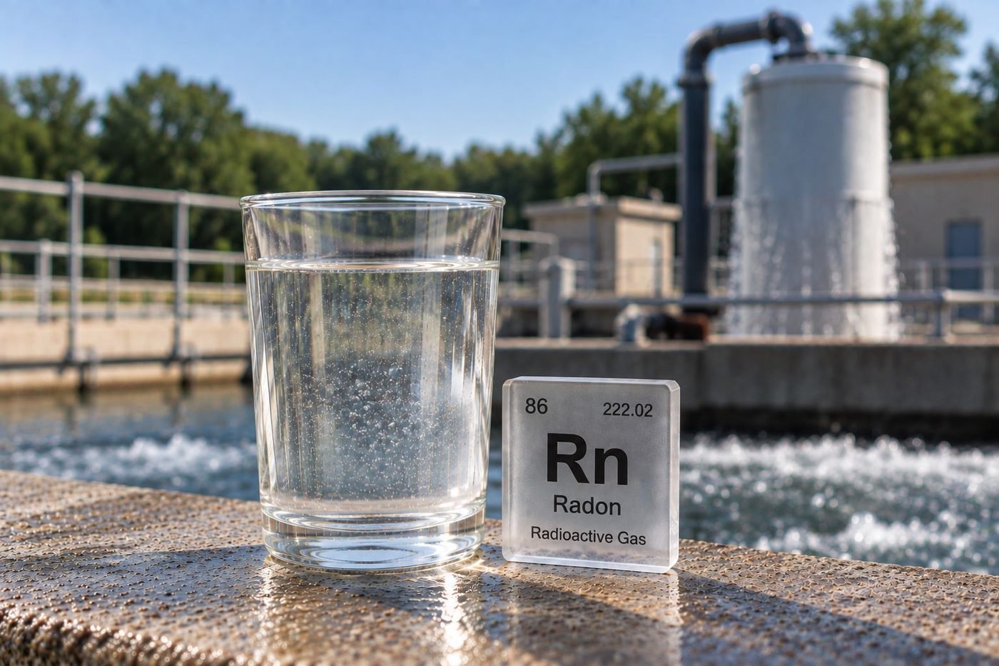 A glass of water beside a radon element tile in front of a plant aerator