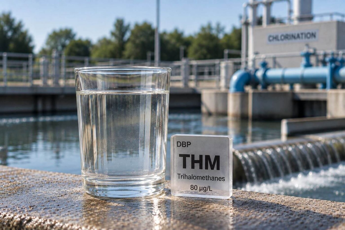 A glass of water beside a trihalomethanes tile in front of a chlorination building