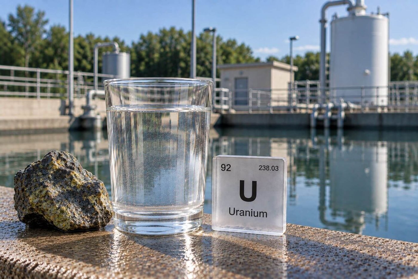 A glass of water beside a uranium element tile and ore sample at a treatment plant