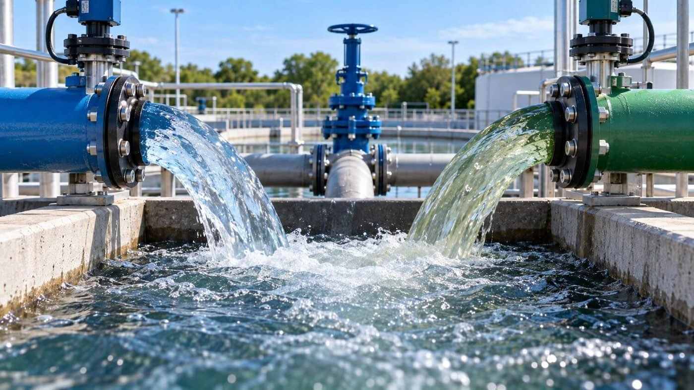 Two pipelines discharging water into a shared channel at a treatment plant