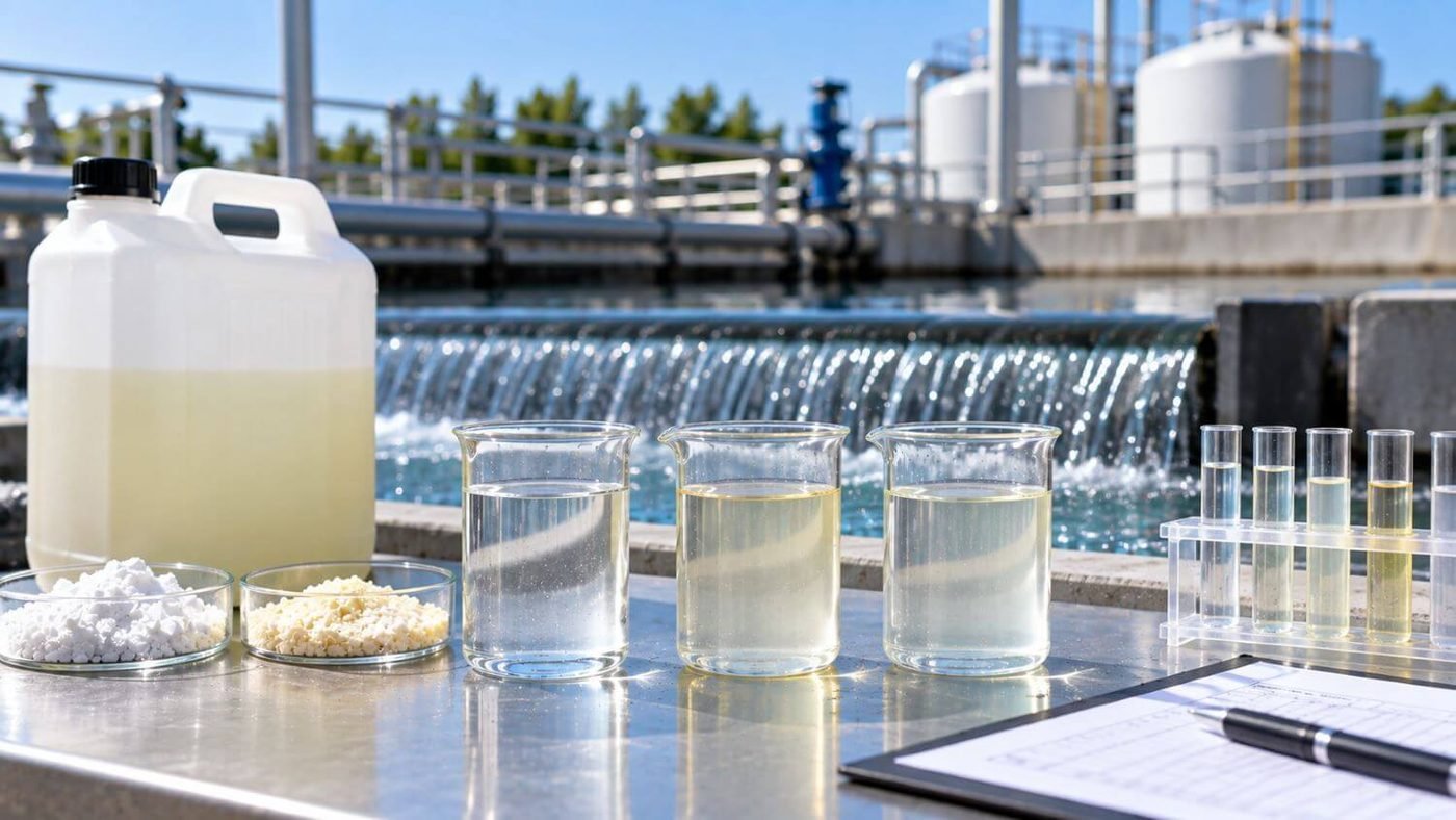 Hypochlorite solution, chemical granules, water samples and test tubes at a treatment plant