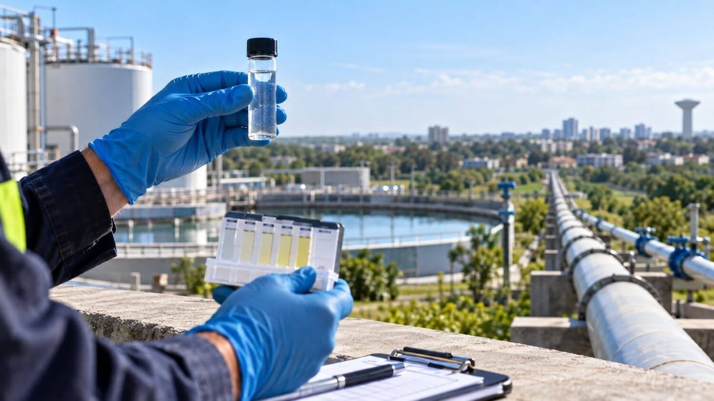 Gloved hands holding a water sample and chlorine test kit above a treatment plant