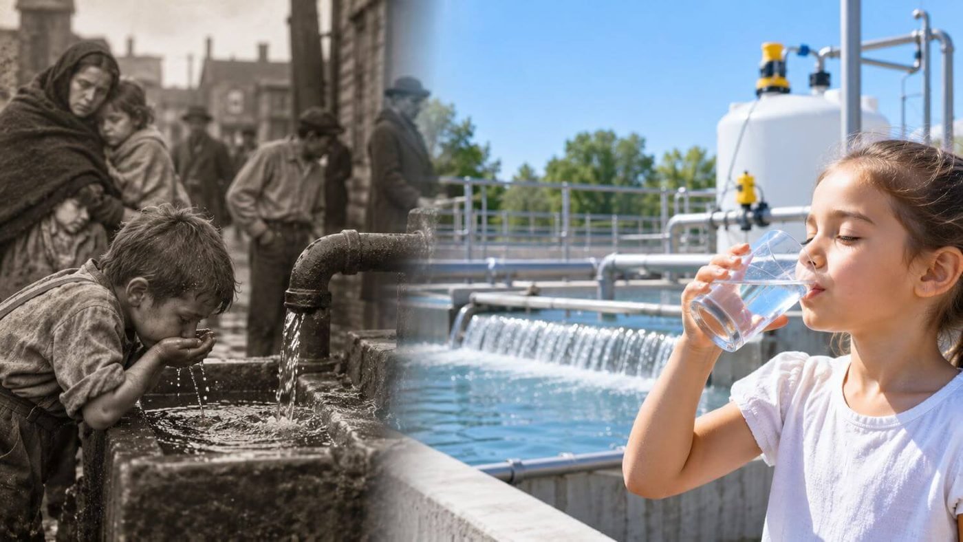 Historic scene of a boy drinking from a street pump beside a modern treatment plant and a girl drinking a glass of clean water