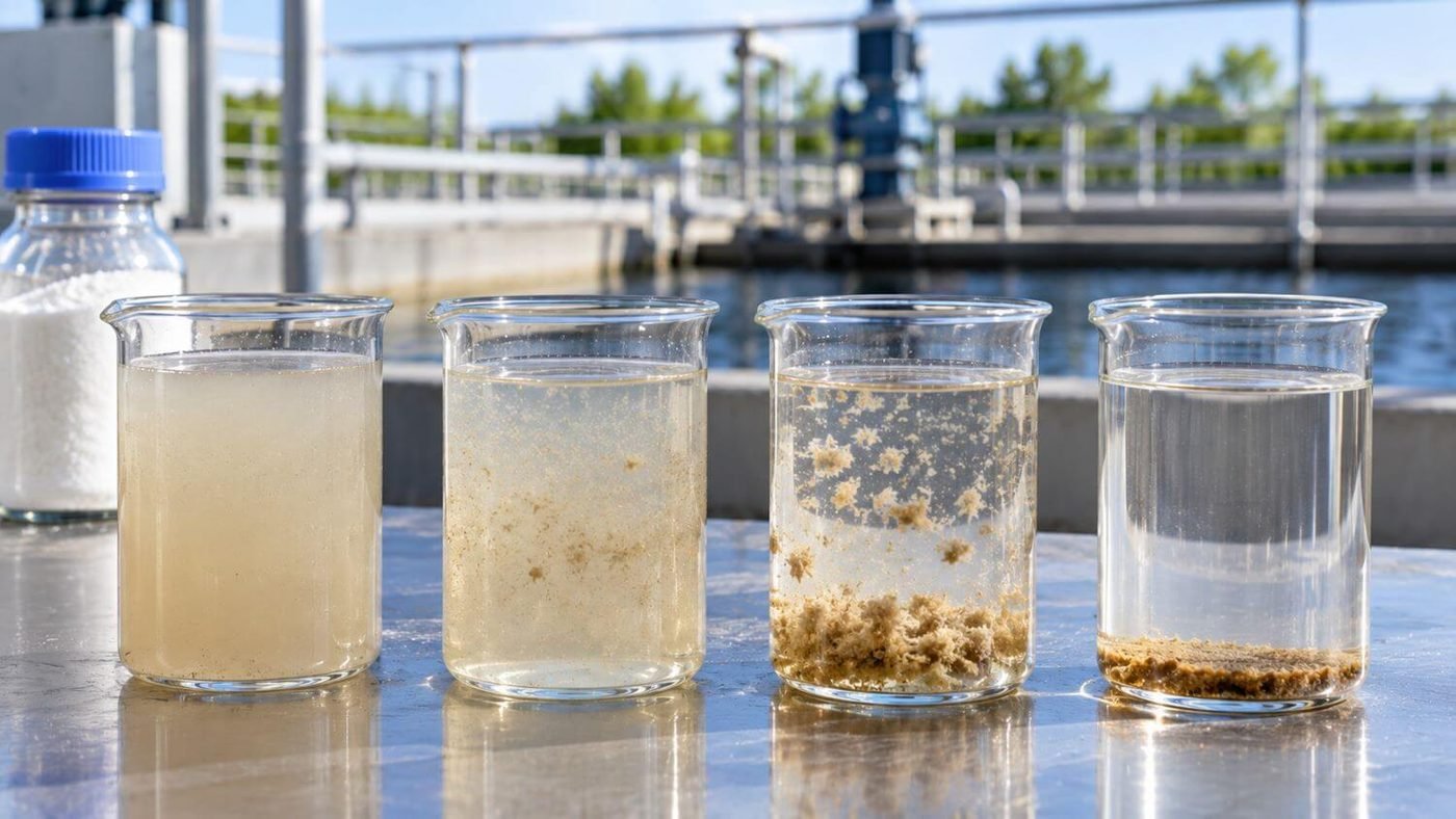 Jar test beakers showing raw water, early floc, settled floc and clear water