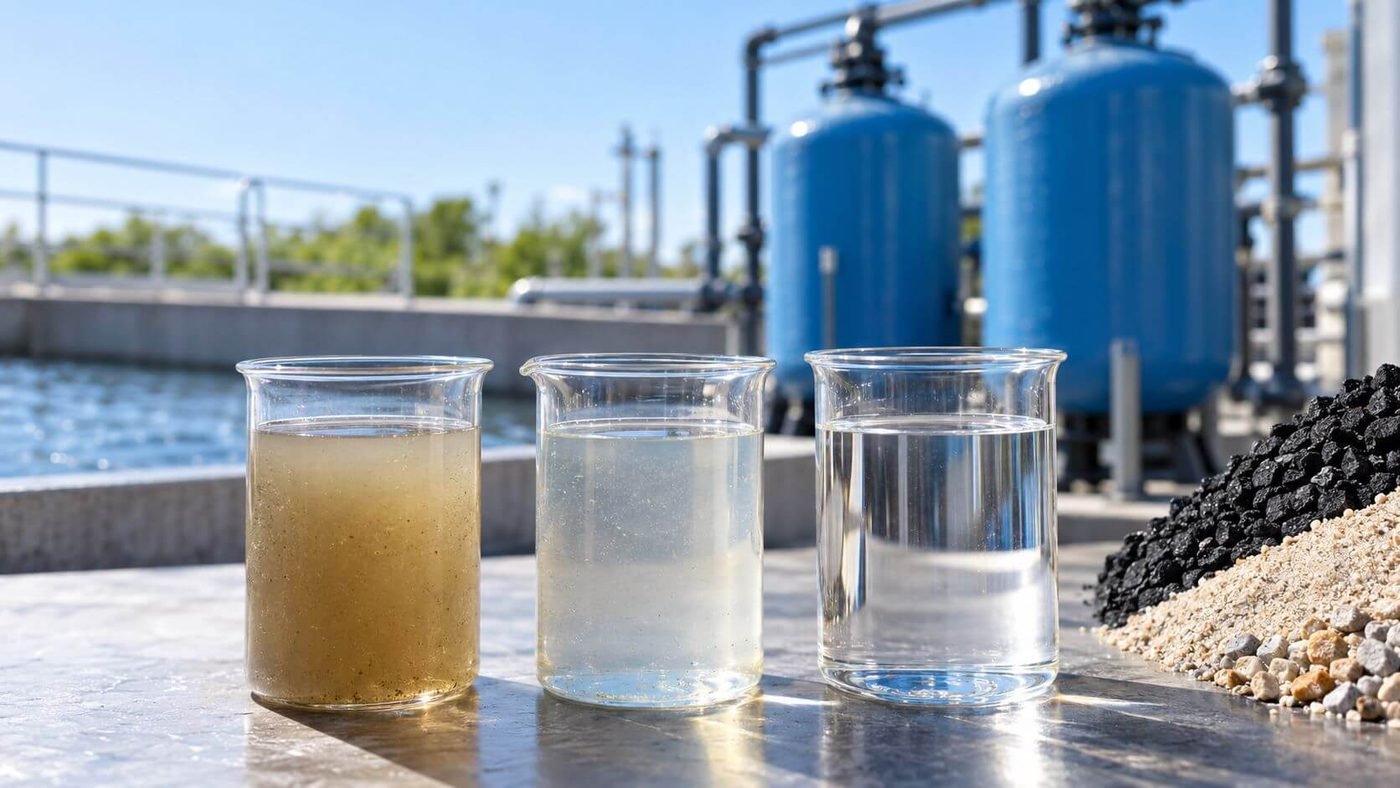 Three beakers of water from murky to clear beside filter vessels and piles of anthracite and sand media