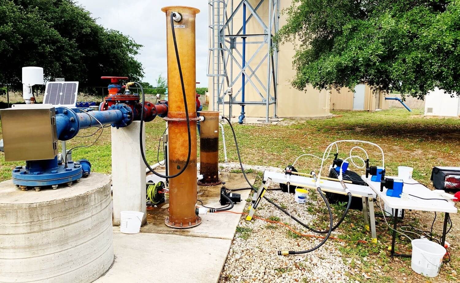 WETS pilot study skid in operation with influent and media columns and sampling instruments