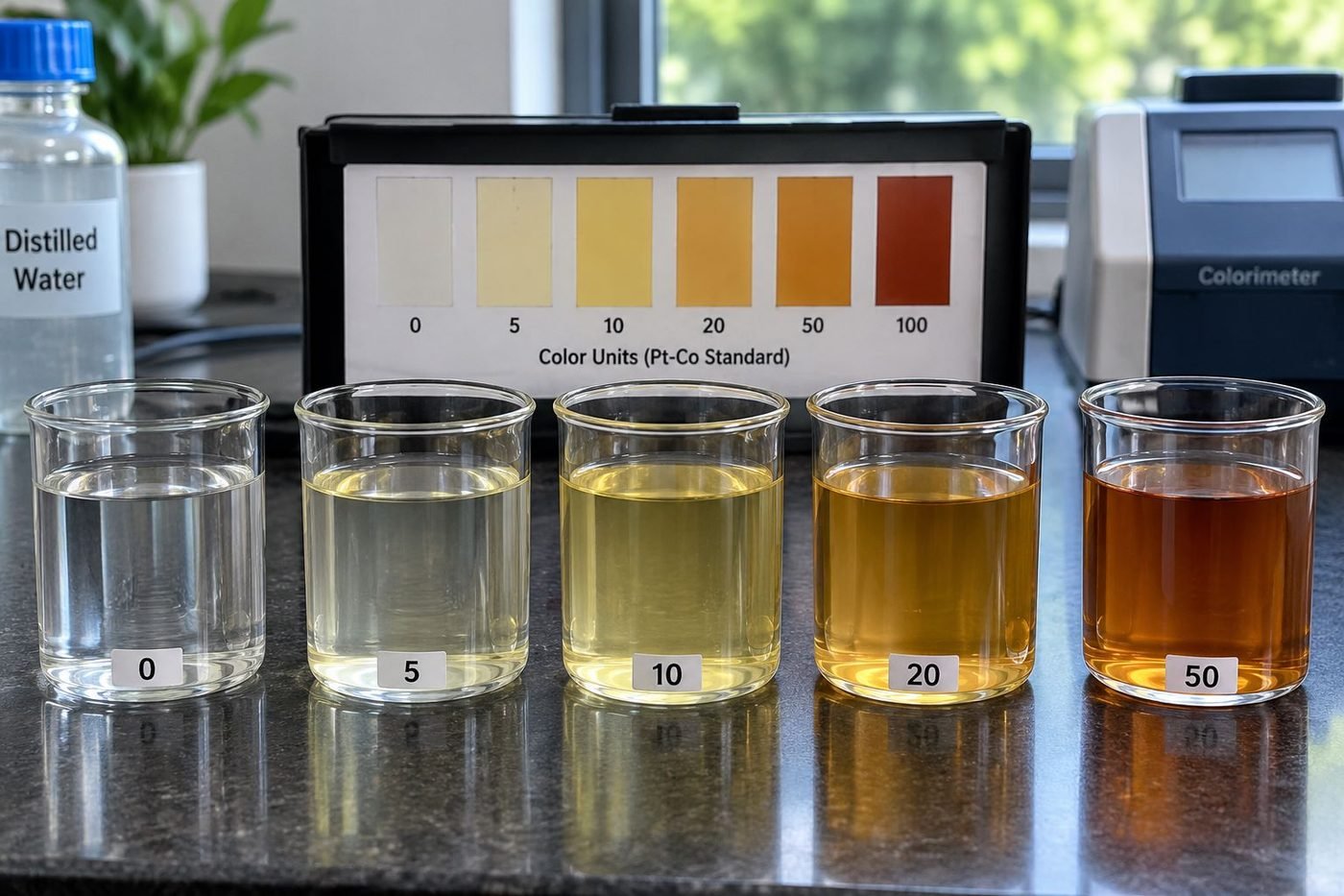 Water samples of increasing color intensity against a platinum-cobalt color unit chart