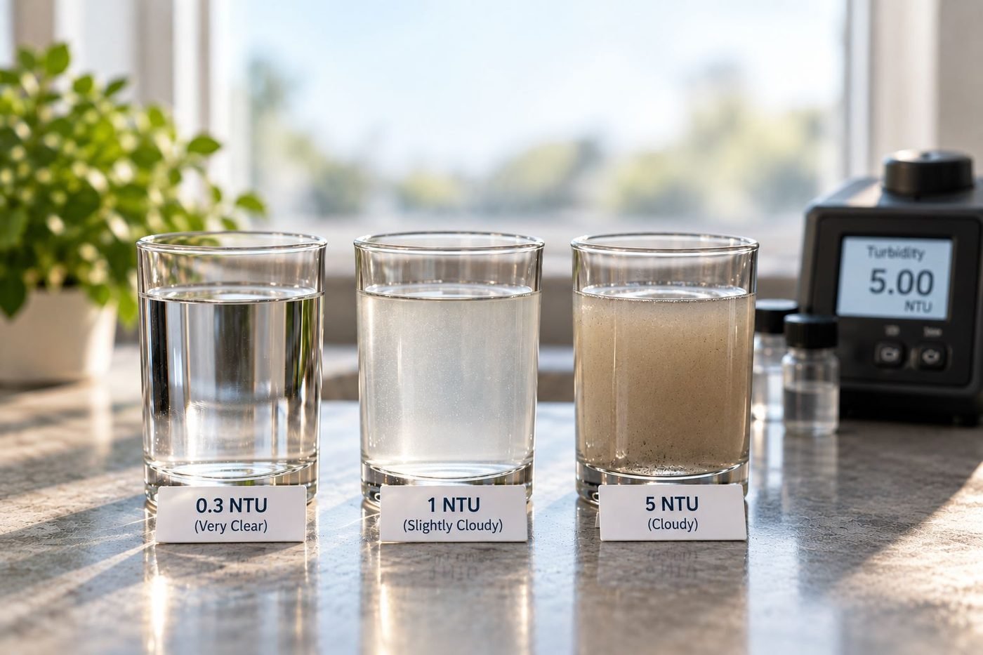 Three water samples at 0.3, 1 and 5 NTU beside a turbidity meter