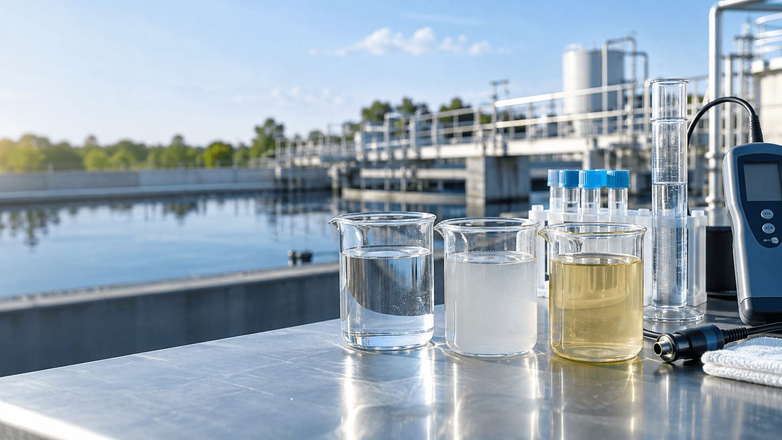 Water samples in beakers with test tubes and a meter beside a treatment plant basin